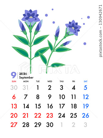 九月日曆，垂直日曆，龍膽花，假日，週日開始，日本 130942671