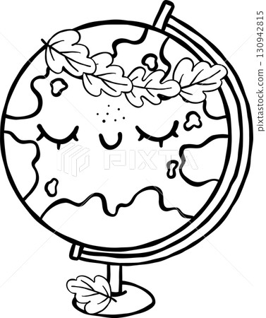 Cute Autumn Back to School Outline, Cartoon Earth Globe with Autumn Leaves 130942815
