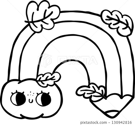 Cute Autumn Back to School Outline, Fall Rainbow Pencil With Leaves Illustration 130942816