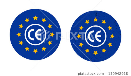 CE Marking on a Distressed European Flag Background. 130942918