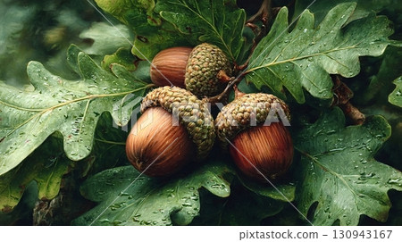 Ripe acorns resting on vibrant oak leaves in the forest 130943167