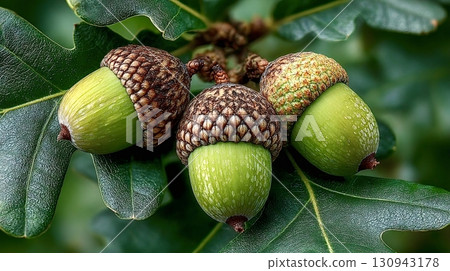 Green acorns growing on oak branch in summer Green acorns growing on oak branch in summer 130943178