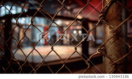 Close up of metal cage protecting octagon in empty venue 130943186