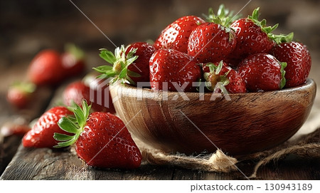 Fresh strawberries overflowing a rustic wooden bowl 130943189