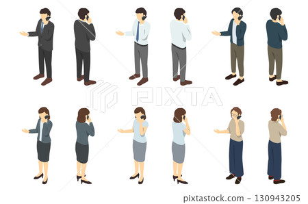 等距插畫：穿著西裝的男人和女人在智慧型手機上交談 130943205