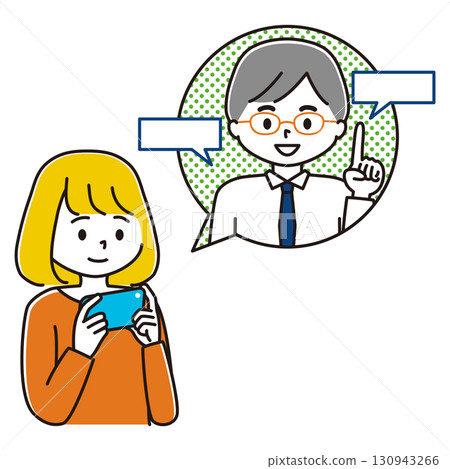 一位女士正在智慧型手機上觀看一段解釋性影片的插圖 130943266