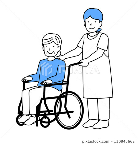 A caregiver assisting an elderly person in a wheelchair 130943662