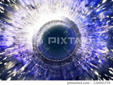 科學技術概念中具有爆炸效果的抽象藍光圈的 3D 插圖 科學技術概念中具有爆炸效果的抽象藍光圈的 3D 插圖 130943734
