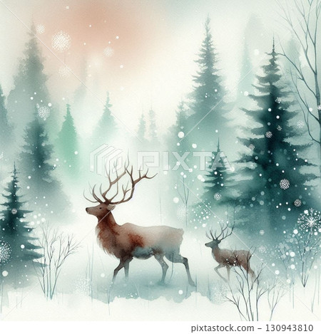 森林景觀與剪影馴鹿 130943810