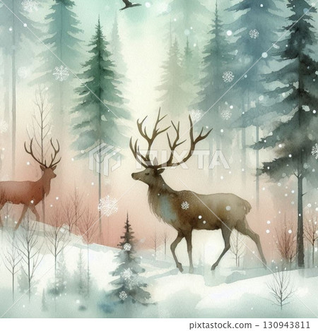 森林景觀與剪影馴鹿 森林景觀與剪影馴鹿 130943811
