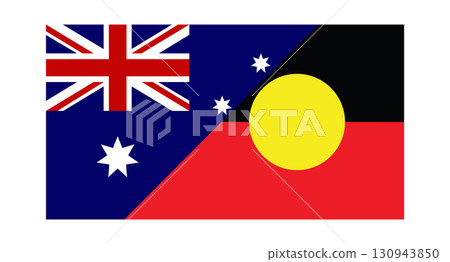 Australian Flag with Aboriginal Flag overlay, symbolizing reconciliation. 130943850