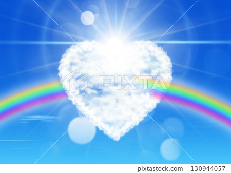 3D illustration of a heart-shaped cloud and a shining sun floating in the blue sky 130944057