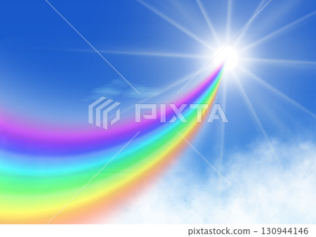 藍天上抽象彩虹和閃亮太陽的 3D 插圖 130944146