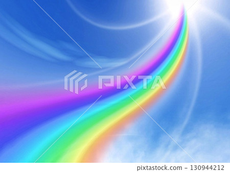 藍天上抽象彩虹與太陽的 3D 插圖 藍天上抽象彩虹與太陽的 3D 插圖 130944212