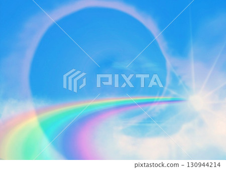 藍天上抽象彩虹與太陽的 3D 插圖 130944214