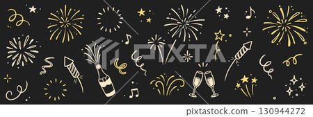 Fireworks new year set. Hand drawn vector elements with doodle golden confetti, firecracker and festive sparkle for birthday, party, or new year celebration. Gold firework vector Fireworks new year set. Hand drawn vector elements with doodle golden confetti, firecracker and festive sparkle for birthday, party, or new year celebration. Gold firework vector 130944272