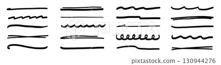 Underline line marker set. Hand drawn underline stroke and marker scribble text highlight, pen mark and pencil sketch frame. Rough brush stripe and strikethrough design. Vector 130944276
