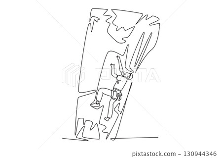 Continuous one line drawing professional young man climbing a steep cliff, symbolizing adventure, strength, determination, and thrill of the ascent. Single line draw design vector graphic illustration Continuous one line drawing professional young man climbing a steep cliff, symbolizing adventure, strength, determination, and thrill of the ascent. Single line draw design vector graphic illustration 130944346