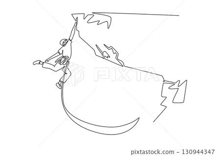 Continuous one line drawing attractive man climbing a rocky cliff with a rope, symbolizing adventure, strength, determination, and thrill of ascent. Single line draw design vector graphic illustration 130944347