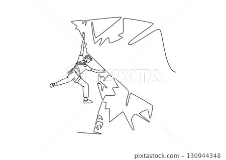 Continuous one line drawing brave man climbing a steep cliff, symbolizing adventure, strength, determination, and the thrill of a difficult ascent. Single line draw design vector graphic illustration 130944348