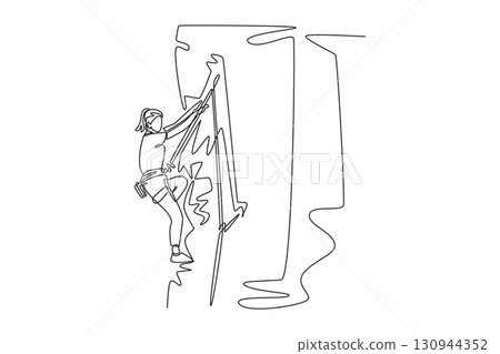 Continuous one line drawing professional young woman climbing a steep cliff, symbolizing adventure, strength, determination, and thrill of ascent. Single line draw design vector graphic illustration 130944352