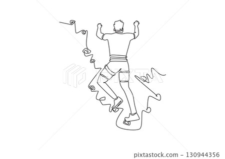Single one line drawing back view of man climbing a cliff, representing physical power and focused effort required to conquer rock wall. Modern continuous line draw design graphic vector illustration 130944356
