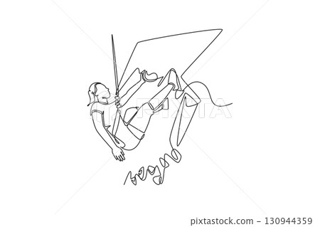 Single continuous line drawing beauty female climber in a challenging, inverted pose. Focused concentration and courage required to conquer rock wall. One line draw graphic design vector illustration Single continuous line drawing beauty female climber in a challenging, inverted pose. Focused concentration and courage required to conquer rock wall. One line draw graphic design vector illustration 130944359
