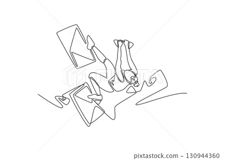 Single continuous line drawing female climbing overhanging cliff in challenging, inverted pose, representing courage required to conquer a rock wall. One line draw graphic design vector illustration 130944360