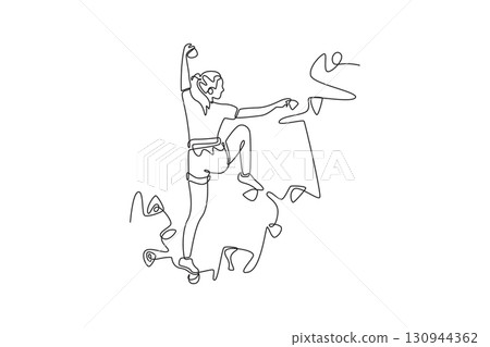 Single continuous line drawing back view of female climbing a cliff in challenging pose, representing courage required to conquer a rock wall. Dynamic one line draw graphic design vector illustration 130944362