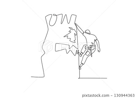 Single one line drawing side view of young bravery man climbing a rocky cliff. Adventure, strength, determination, and thrill of ascent. Modern continuous line draw design graphic vector illustration 130944363