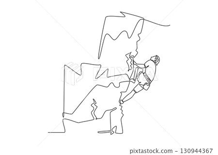 Single one line drawing young male climbing a cliff in challenging pose, representing concentration and courage required to conquer a rock wall. Continuous line draw design graphic vector illustration 130944367