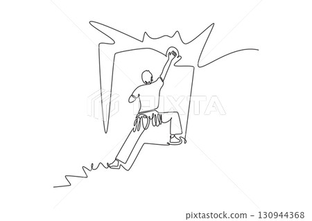 Single one line drawing back view man reaching for high hold on rocky cliff. Adventure, strength, determination, and the thrill of the ascent. Continuous line draw design graphic vector illustration 130944368