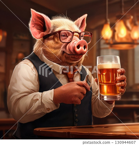 an AI Image Generator, Anthropomorphic Pig Bartender Enjoying Beer in Rustic Tavern Setting 130944607