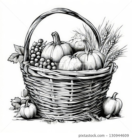 an AI Image Generator, Hand-Drawn Basket of Autumn Harvest 130944609