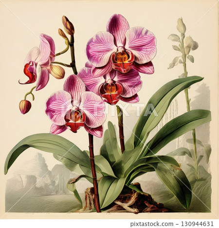 an AI Image Generator, Elegant Botanical Illustration of Pink Orchids with Green Leaves 130944631