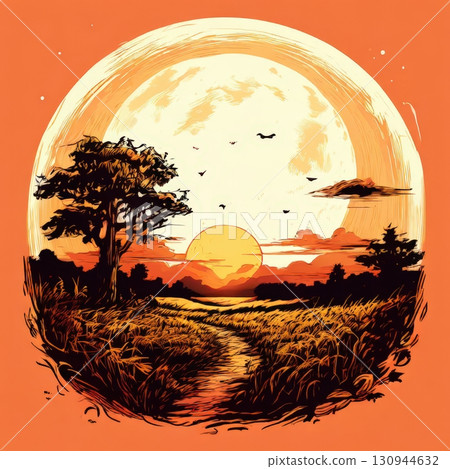 an AI Image Generator, Serene Sunset Landscape With a Path and Majestic Full Moon 130944632