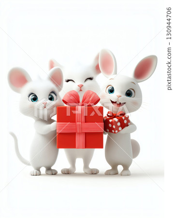 Three cute white mice, a cat and a rabbit smiling together holding a big red gift box Three cute white mice, a cat and a rabbit smiling together holding a big red gift box 130944706