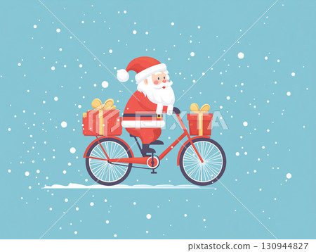 Santa Claus Cycling with Gift Box on Blue Background Santa Claus Cycling with Gift Box on Blue Background 130944827
