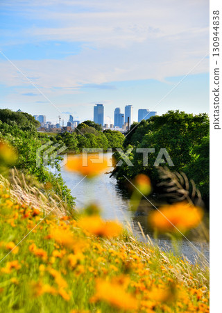 愛知縣春日井市：從八田川與莊內川交會處眺望名古屋站摩天大樓 130944838