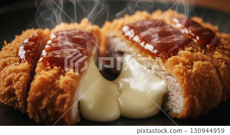 Cheese Donkatsu with Hot Steam and Tonkatsu Sauce 130944959