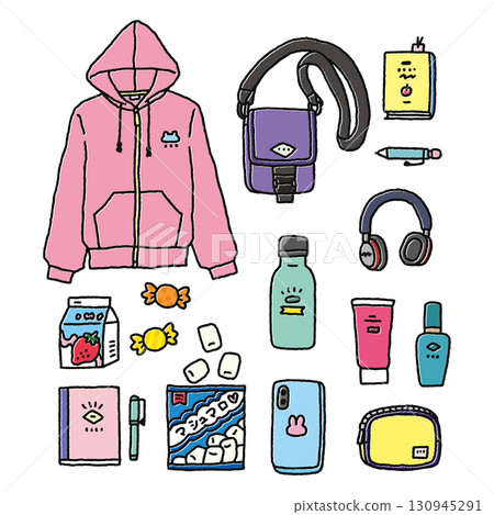 Cute fashion, miscellaneous goods, sweets, and other illustrations set 130945291