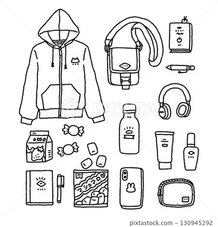 Cute fashion, miscellaneous goods, sweets, and other illustrations set - line drawings Cute fashion, miscellaneous goods, sweets, and other illustrations set - line drawings 130945292