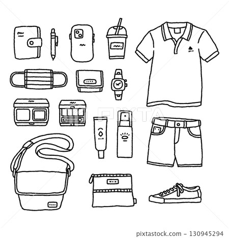 可愛的時尚、雜貨、化妝品和其他插圖集-線條圖 130945294