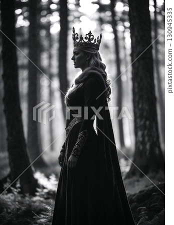 A majestic queen in a crown and elegant gown stands thoughtfully in a mysterious forest. Dramatic black and white image representing power, solitude, royalty, and fantasy. 130945335