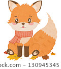 Chibi fox wearing autumn scarf, sitting on leaves, cartoon illustration, transparent PNG 130945345