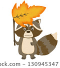 Cute raccoon holding big autumn leaf as umbrella, cartoon style, transparent PNG 130945347