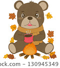 Chibi bear wearing scarf holding cup of hot cocoa, cozy autumn vibes, transparent PNG 130945349