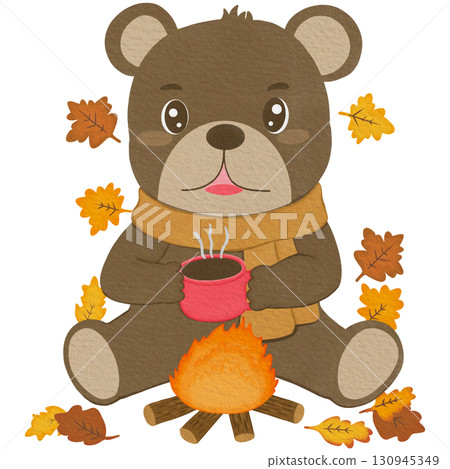 Chibi bear wearing scarf holding cup of hot cocoa, cozy autumn vibes, transparent PNG 130945349