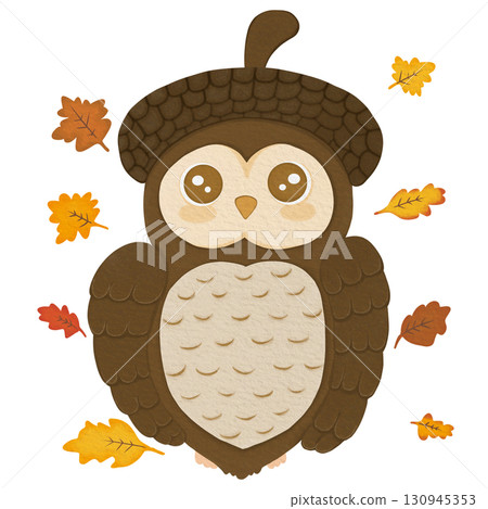 Cute owl wearing acorn cap as hat, cartoon style, autumn theme, transparent PNG 130945353