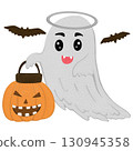 Cute ghost holding glowing pumpkin lantern, cartoon Halloween autumn theme, transparent PNG 130945358